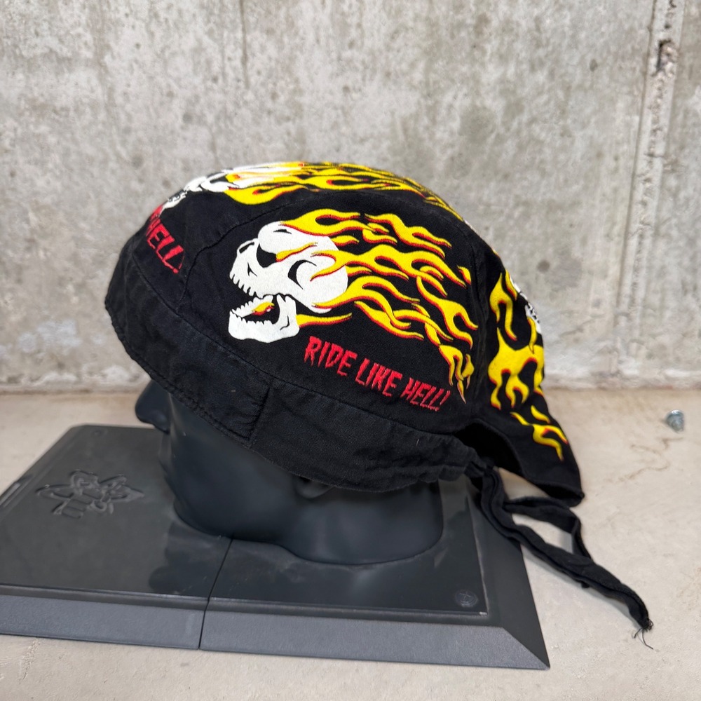 vintage 90s Ride Like Hell Flaming Skull Biker Cap Black One Size USA Made